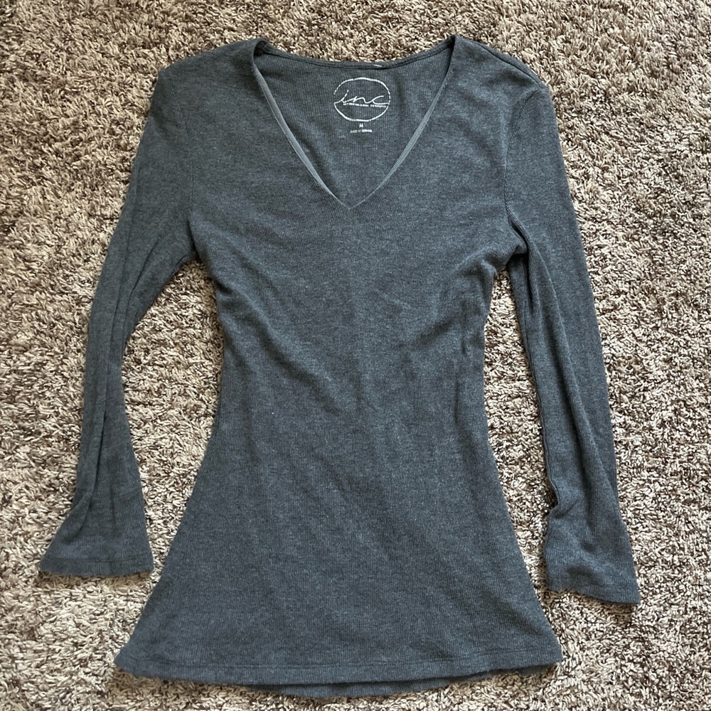 INC International Concepts Charcoal Long Sleeve V-Neck Top
